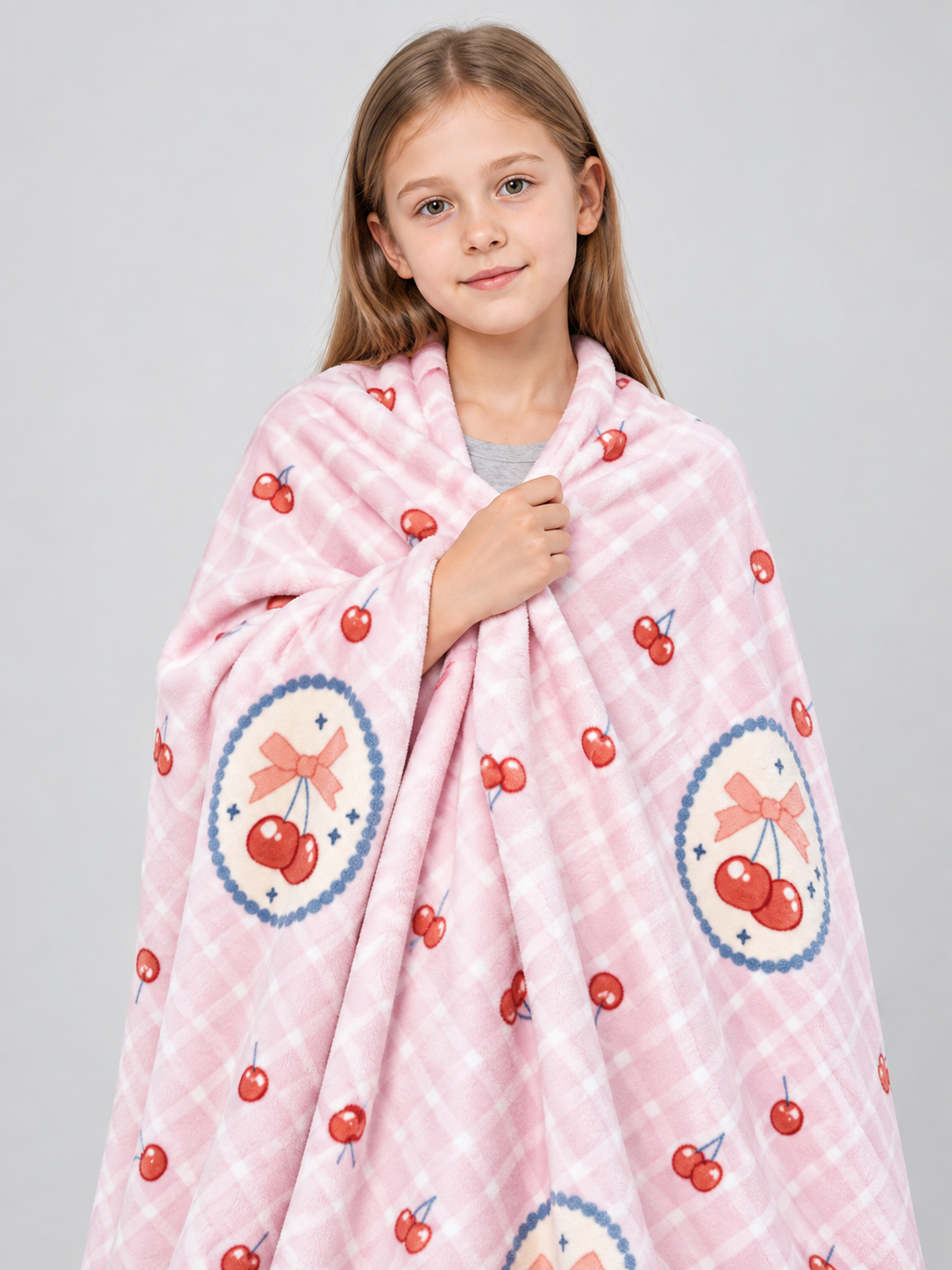 Pink reversible blanket with cherry and bow print, polyester