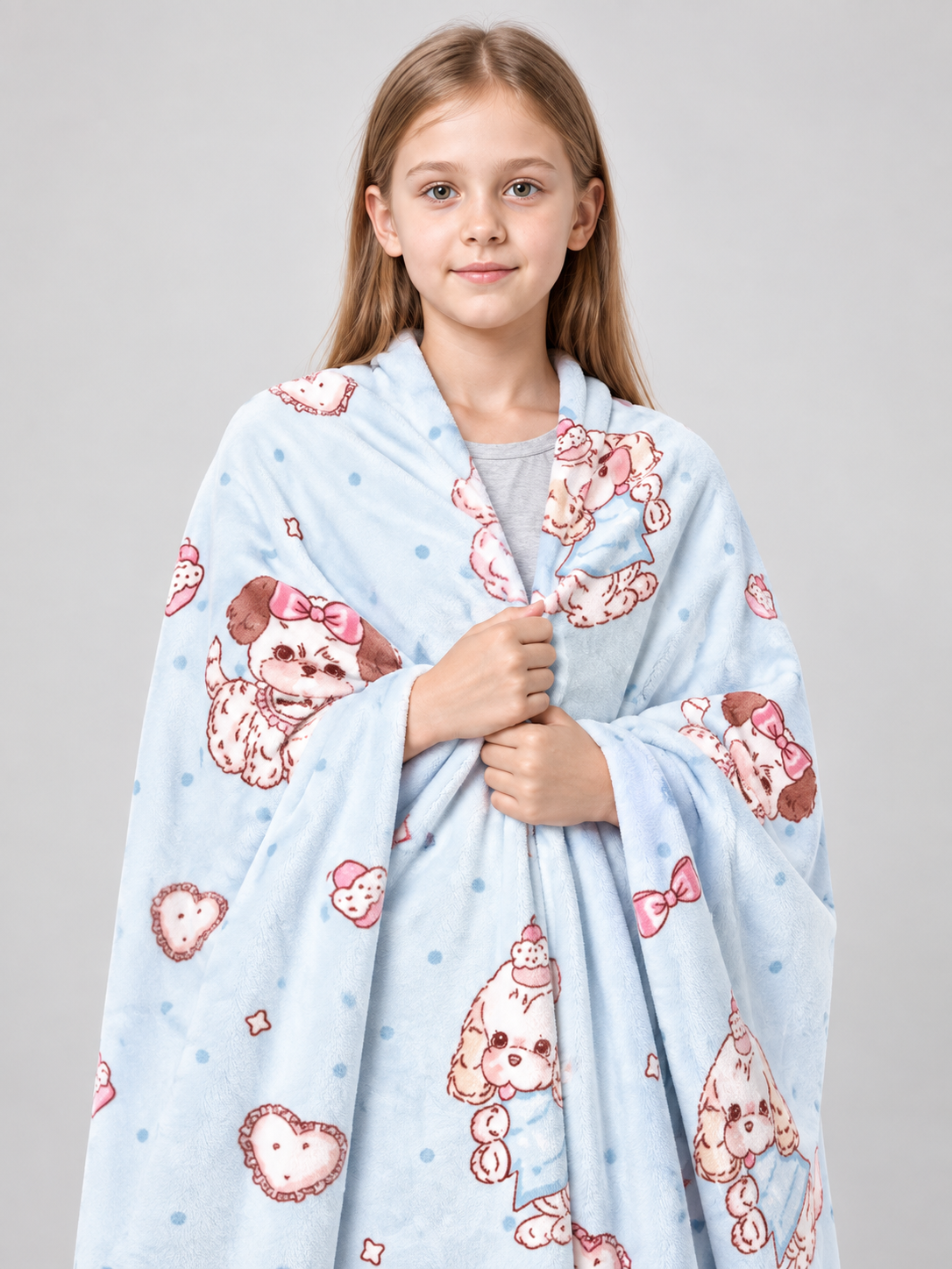 Reversible Light Blue Blanket with Dogs and Hearts