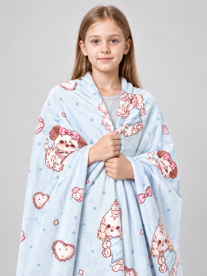 Reversible Light Blue Blanket with Dogs and Hearts