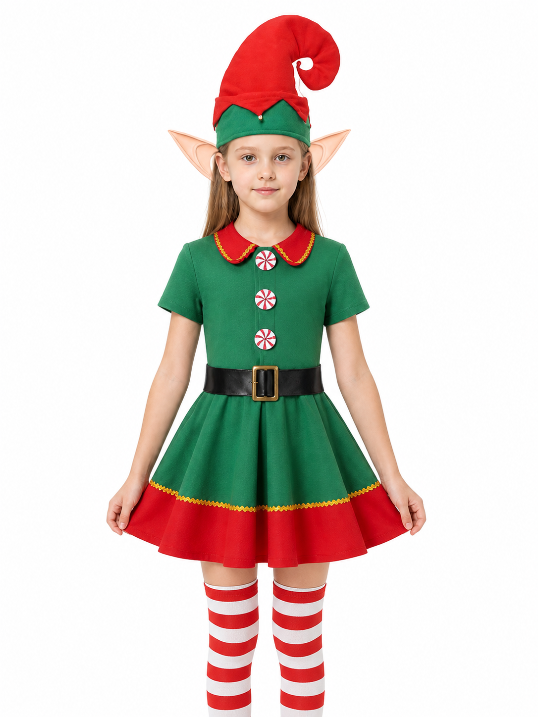 Christmas Elf Costume with Hat and Striped Knee-High Socks Costume Headwear detail 3