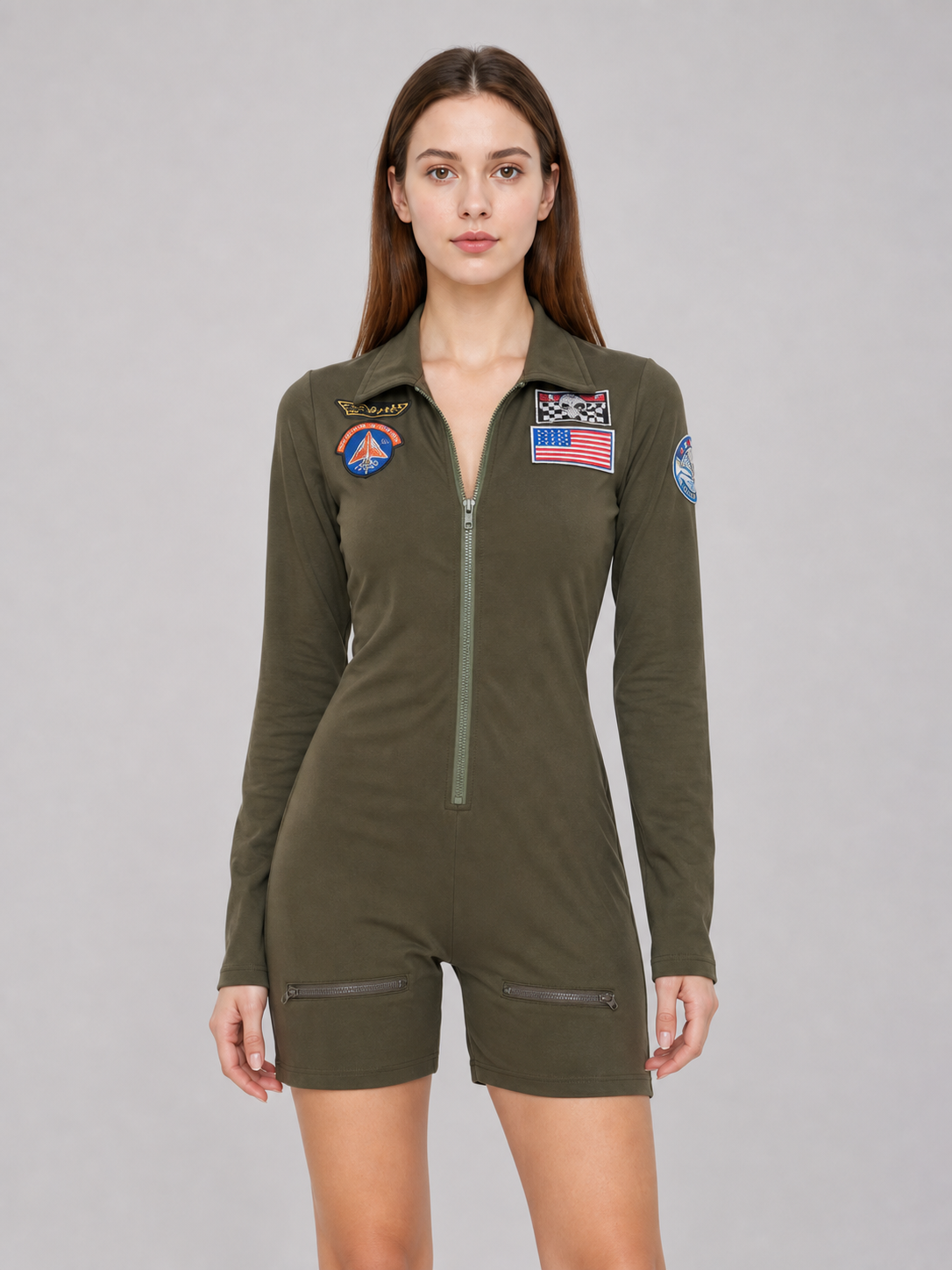 Olive Long-Sleeve Romper Shorts