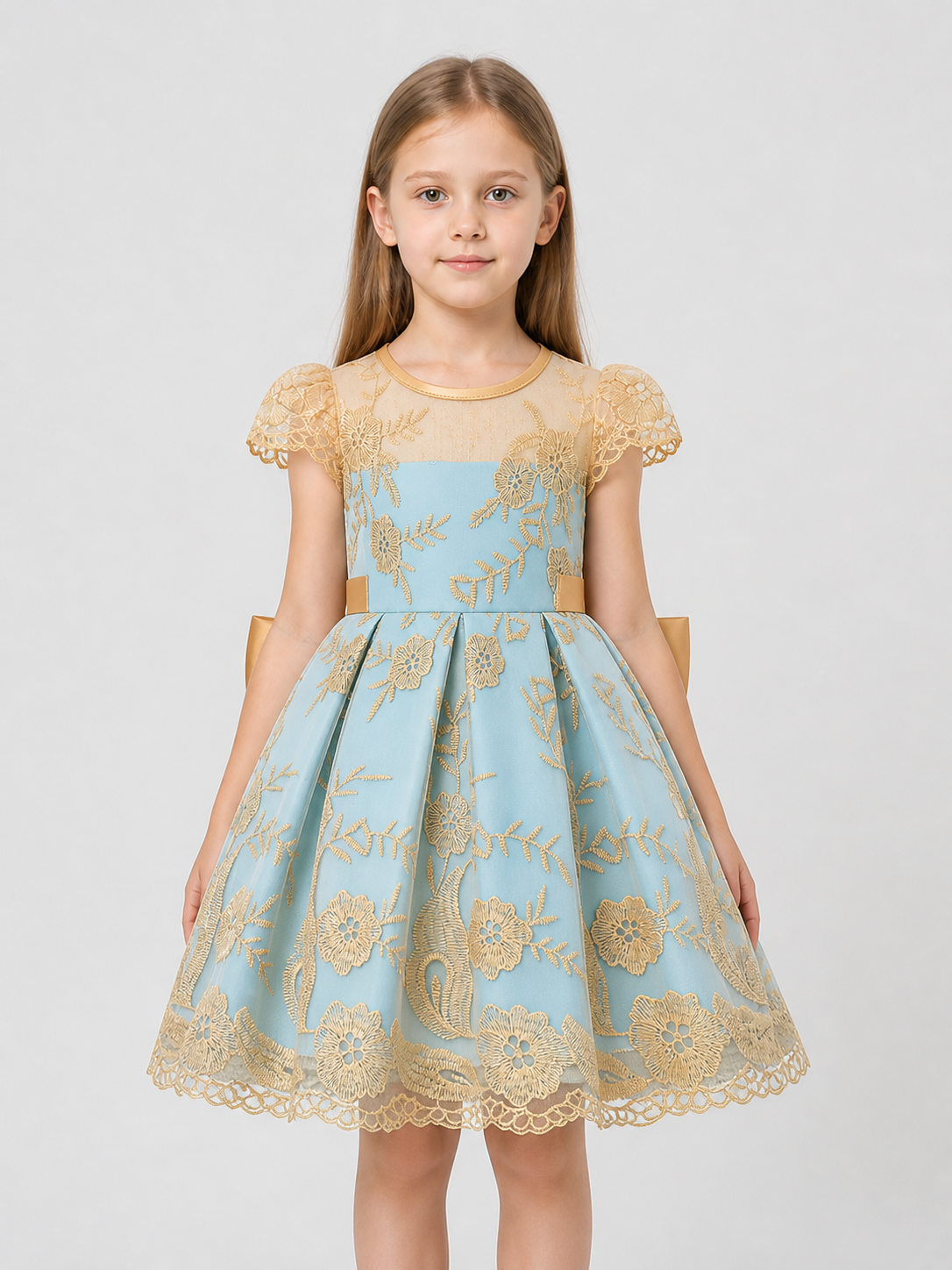 Children's Party Dress with Gold Embroidery and Bow