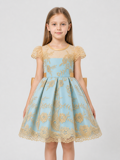Children's Party Dress with Gold Embroidery and Bow
