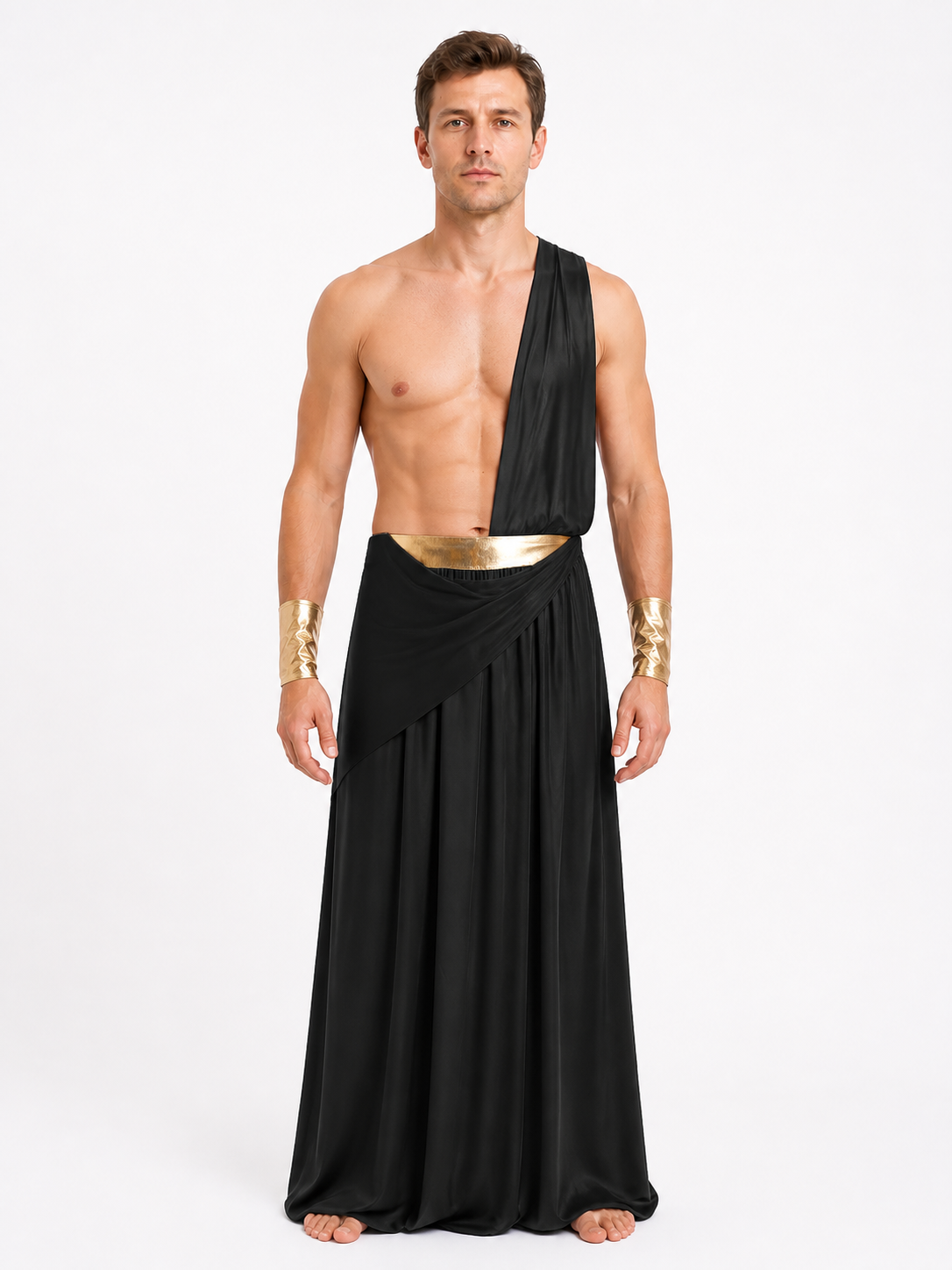 Long Black One-Shoulder Toga with Gold Belt product detail 3