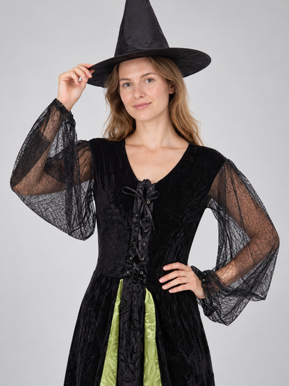 Witch Costume: Black Dress with Green Insert and Hat