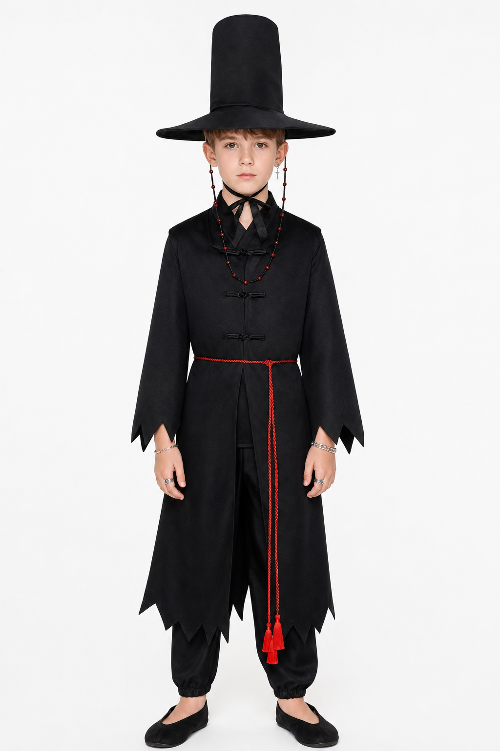 Black Wizard Costume with Cloak and Hat upper body view