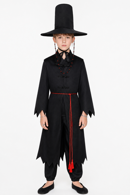 Black Wizard Costume with Cloak and Hat upper body view