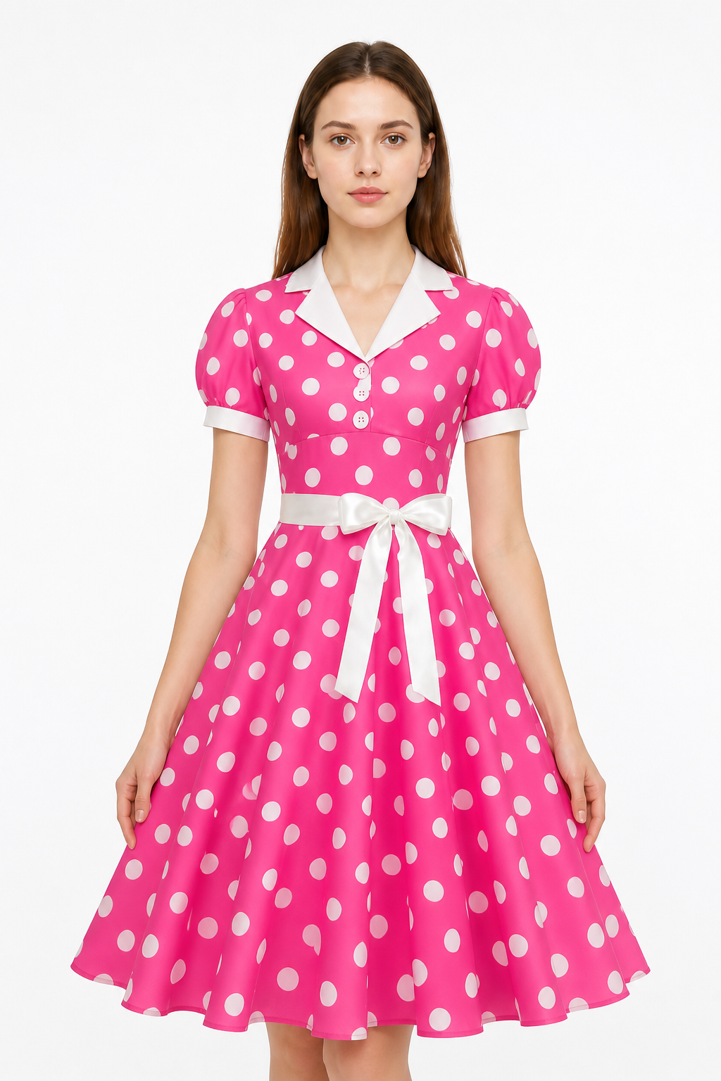 Polka-Dot Dress with a Turn-Down Collar and Bow Costume Dresses detail 3