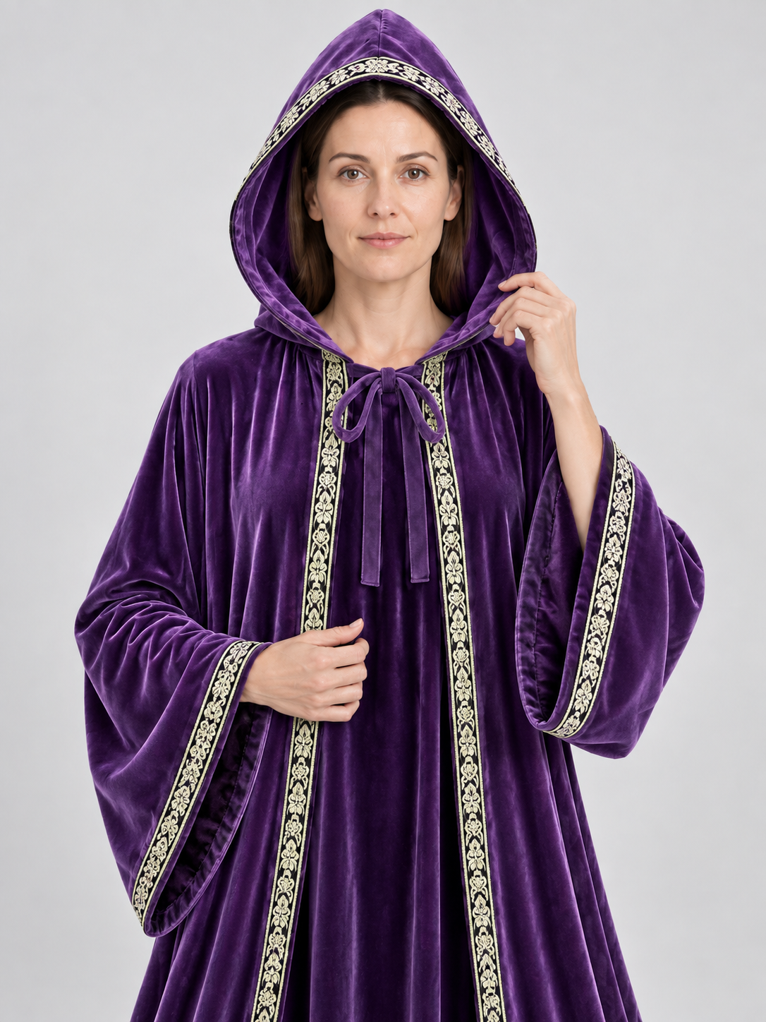 Hooded Cloak-Mantle, Purple, with Patterned Trim