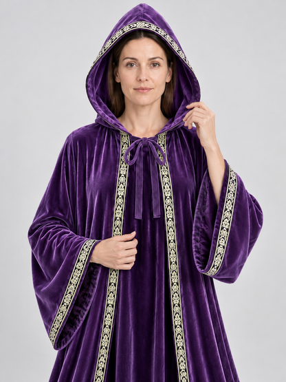 Hooded Cloak-Mantle, Purple, with Patterned Trim