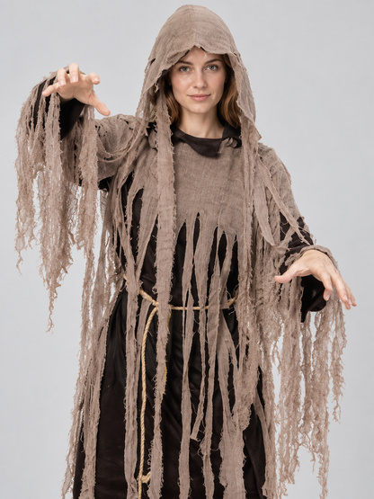 Adult zombie carnival costume with hood and belt