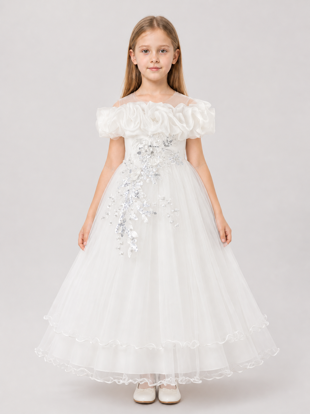 White Princess Dress, Full One-Shoulder Style with Ruffles Costume Dresses detail 3