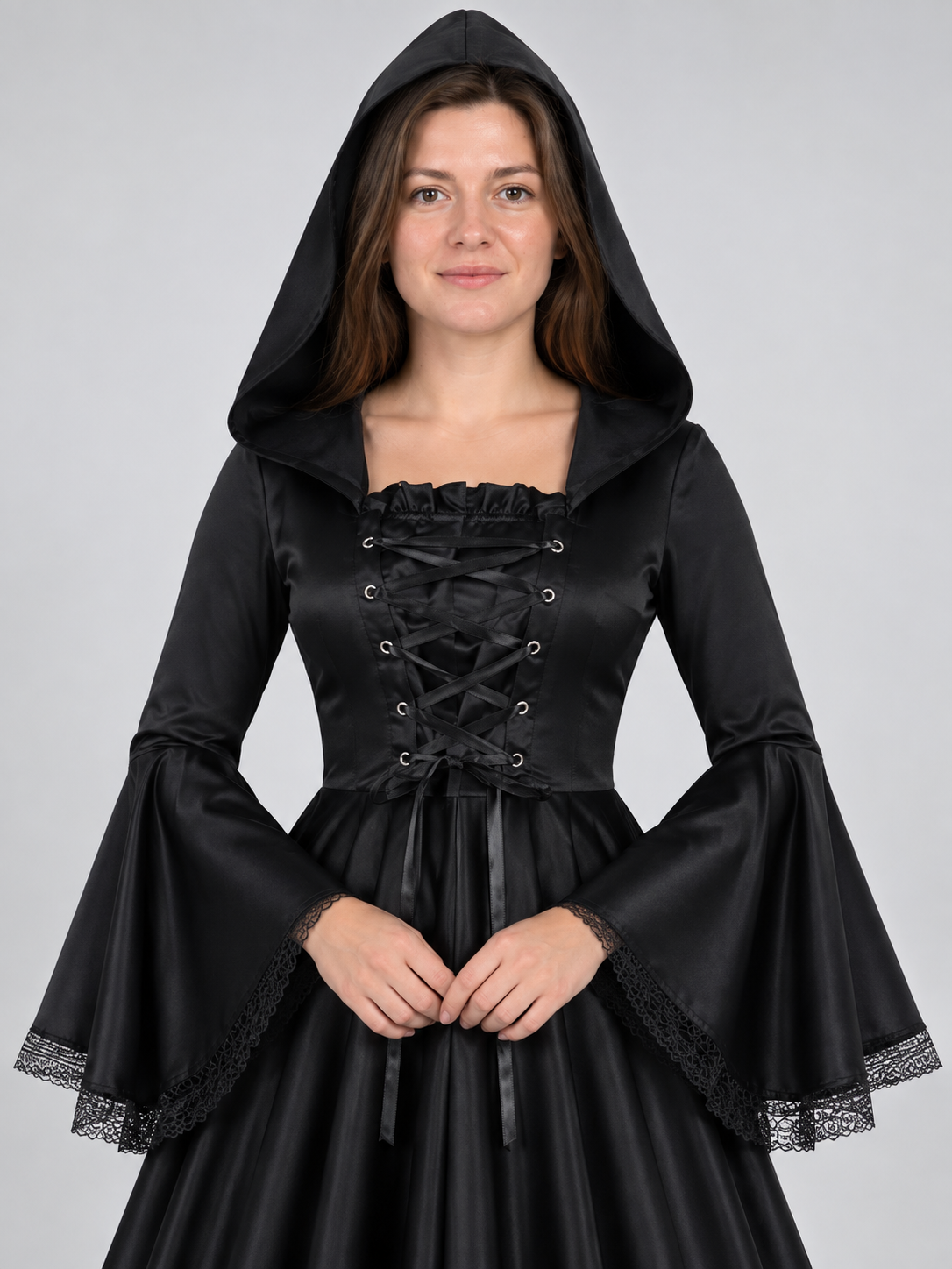 Long Black Gothic-Style Hooded Dress