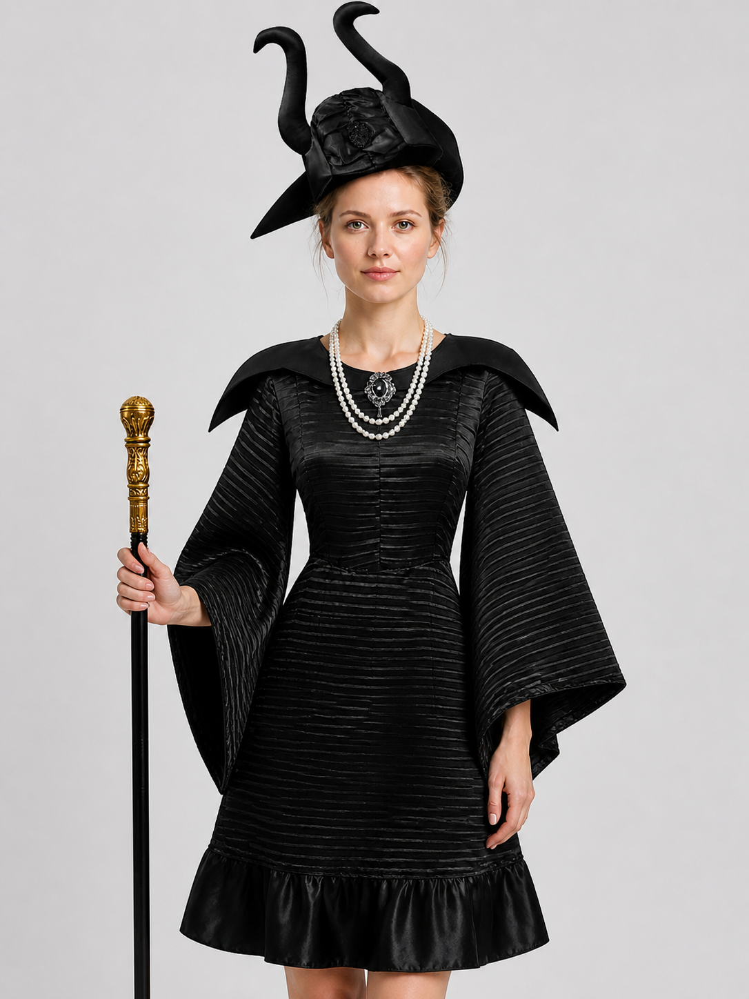Maleficent Witch Costume with Hat and Staff for Halloween Costume Headwear detail 2