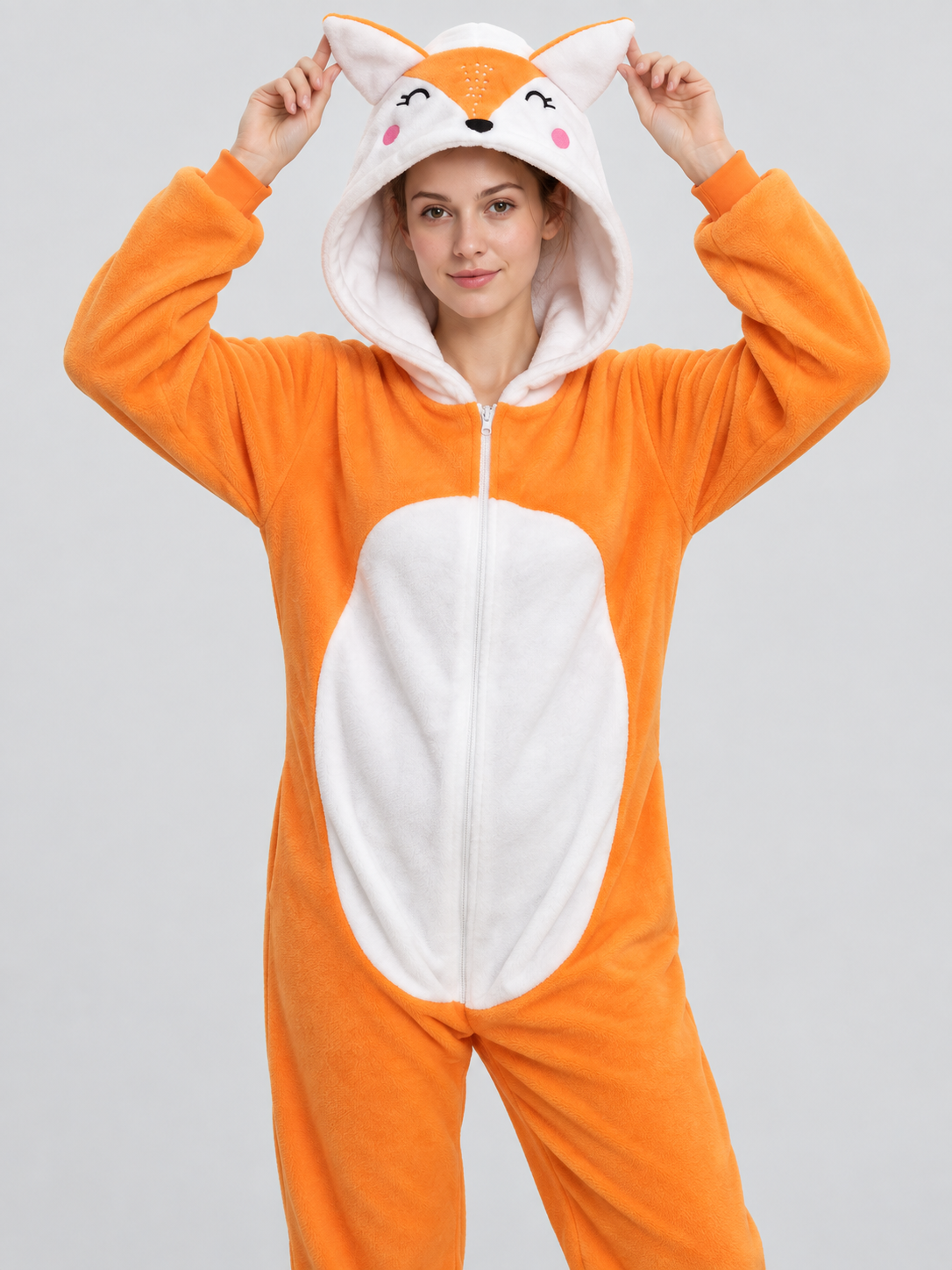Orange Hooded Fox Design Pajama Jumpsuit