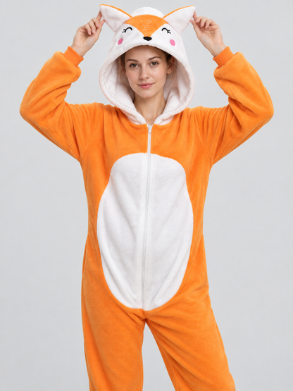 Orange Hooded Fox Design Pajama Jumpsuit