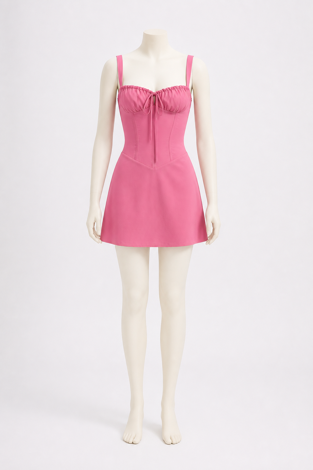 Short spaghetti-strap dress with a drawstring and ruching