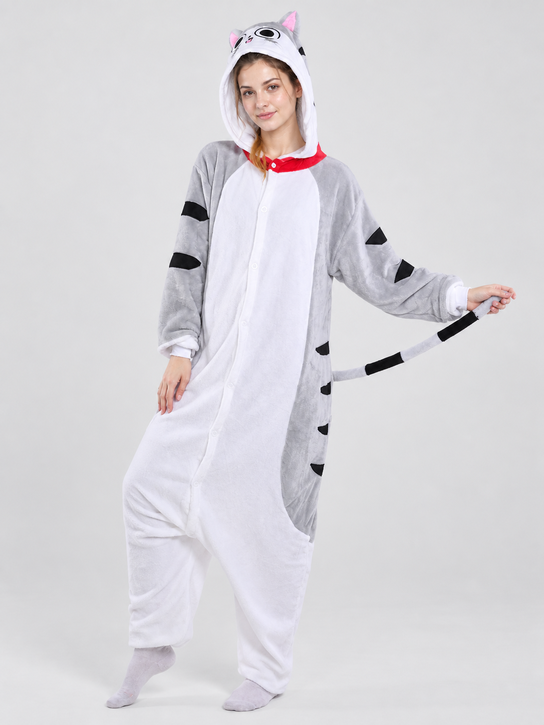 Gray-white hooded pajama jumpsuit with tail
