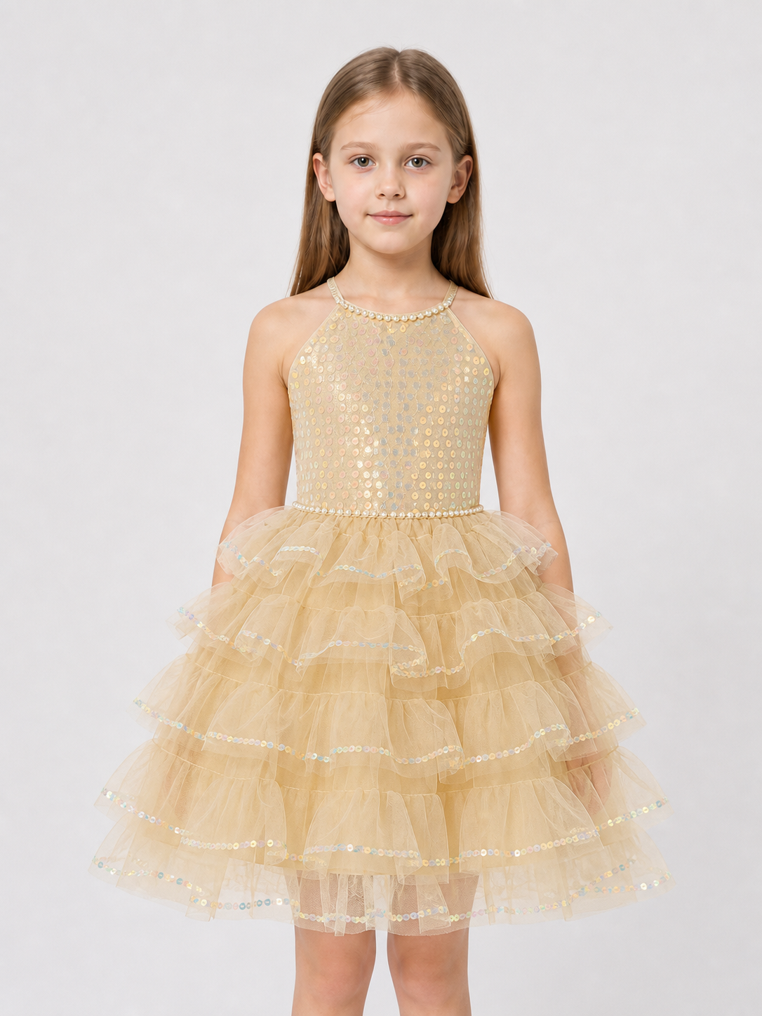 Full Dress with a Tiered Skirt and Pearl Embellishments Costume Dresses detail 3