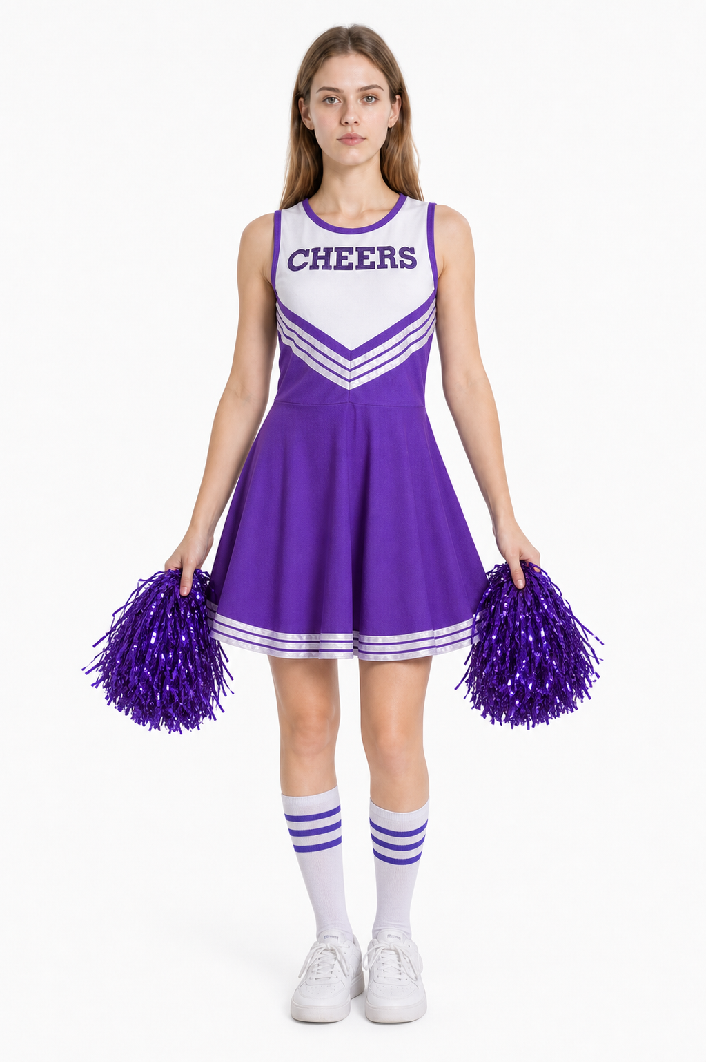 Cheerleader Costume with Pom-Poms and Striped Knee-High Socks Costumes detail 3