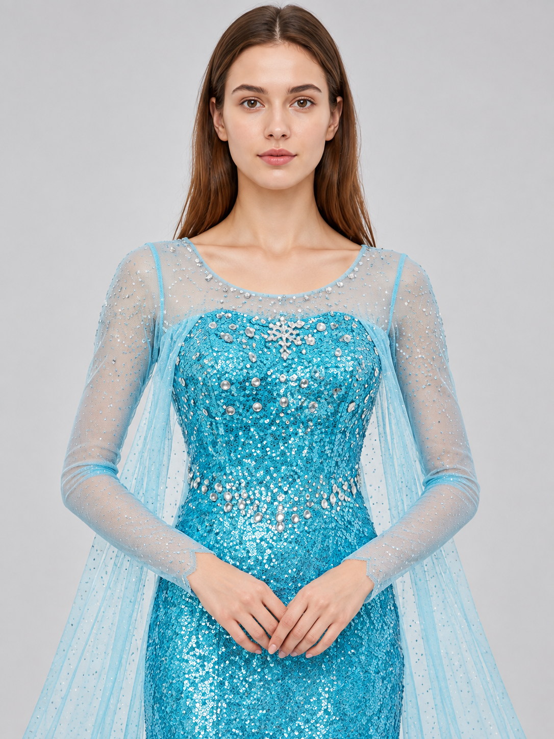 Turquoise Floor-Length Sequin Dress with Train Costume Dresses detail 2