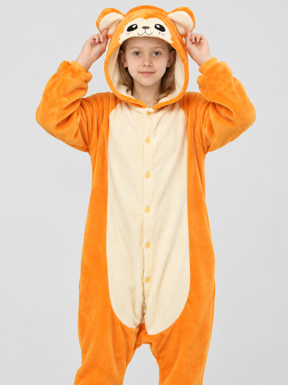 Orange Flannel Hooded Pajama Jumpsuit with Ears