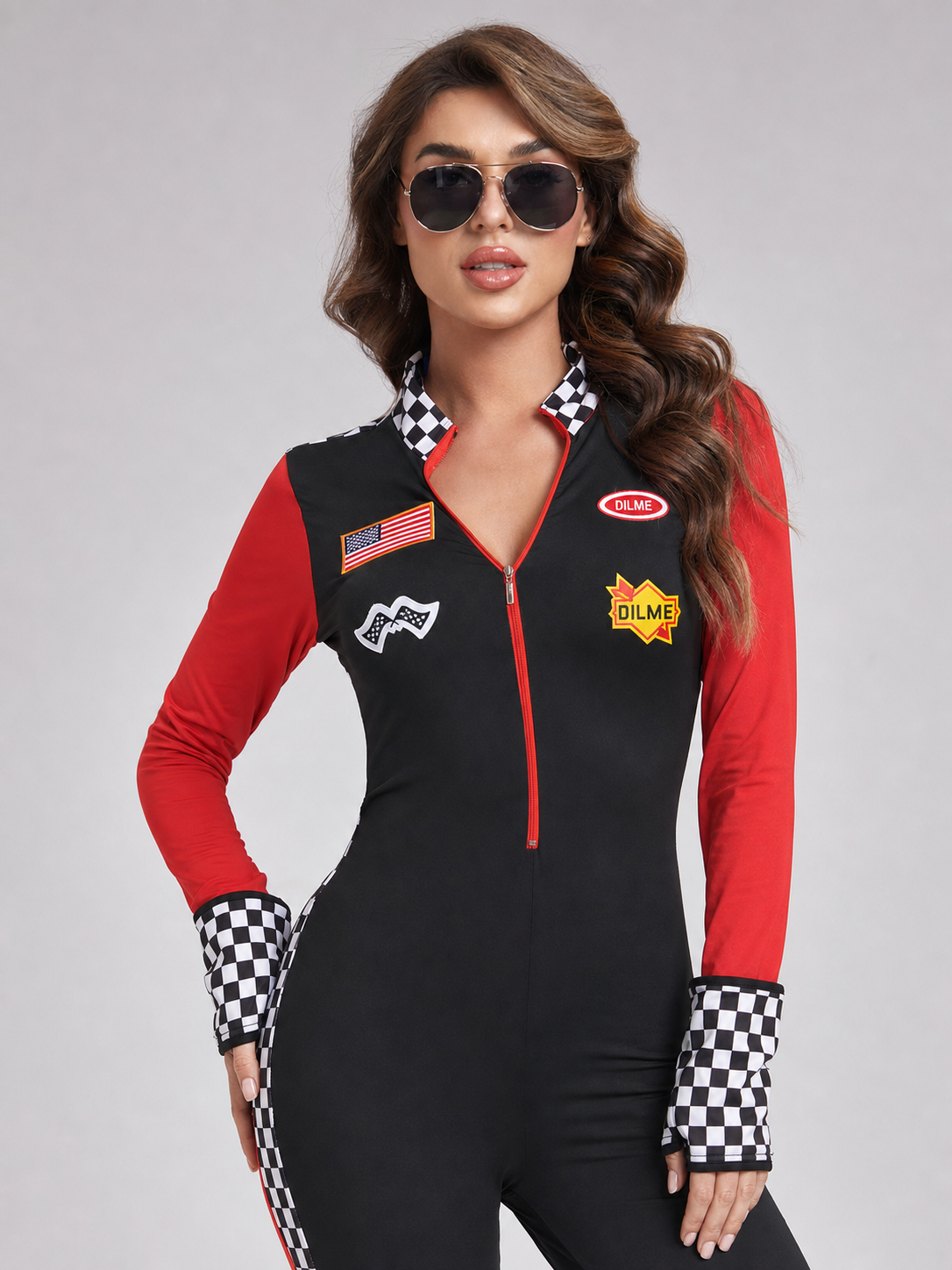 Racing jumpsuit with checkered panels and patches