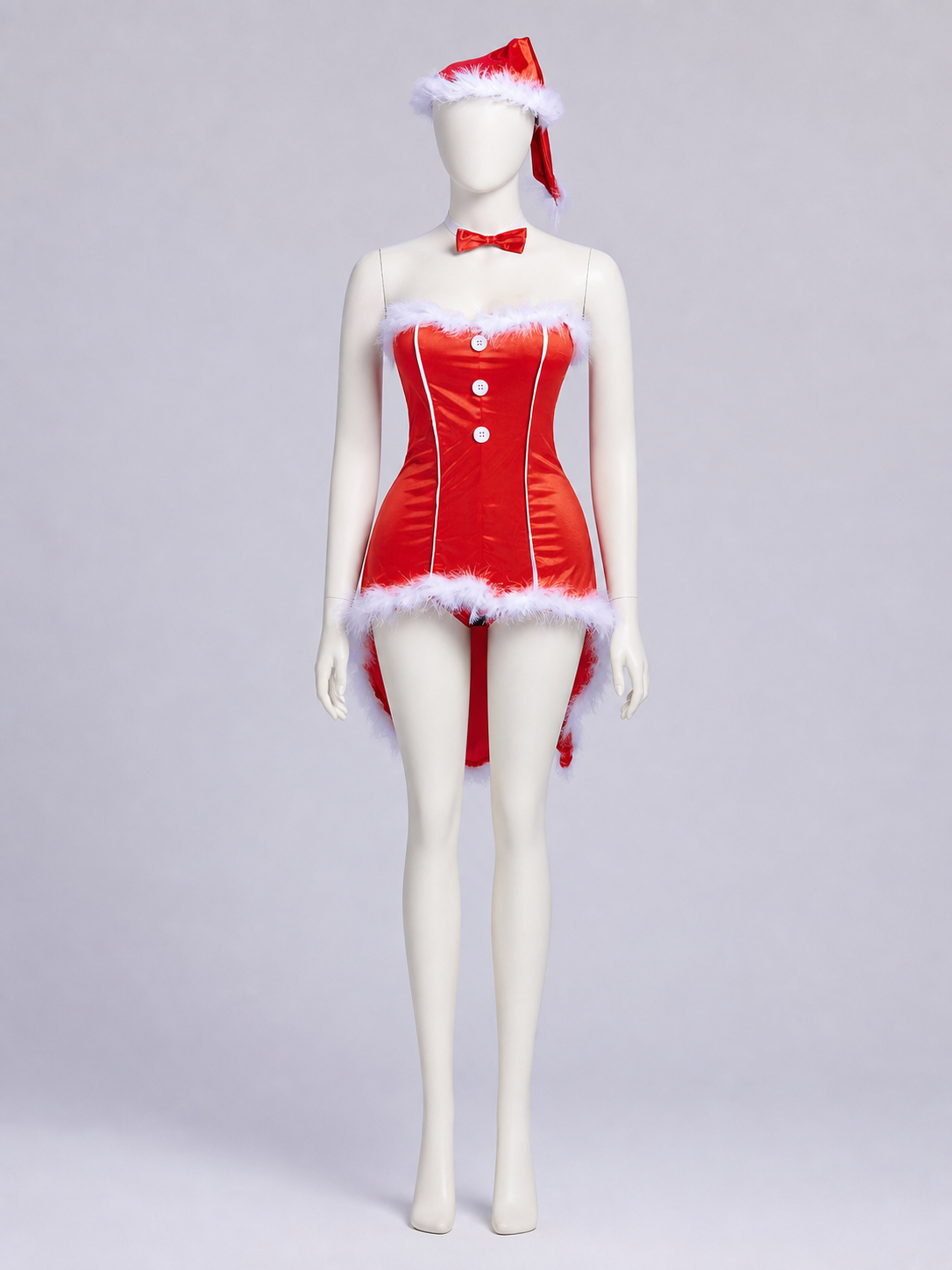Red Christmas cosplay costume designed as a Santa Claus look. The set includes a festive costume in a red color theme with white decorative elements. The design features a sleeveless bustier silhouette, a red dress with a fitted contour, an