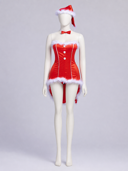 Red Christmas cosplay costume designed as a Santa Claus look. The set includes a festive costume in a red color theme with white decorative elements. The design features a sleeveless bustier silhouette, a red dress with a fitted contour, an