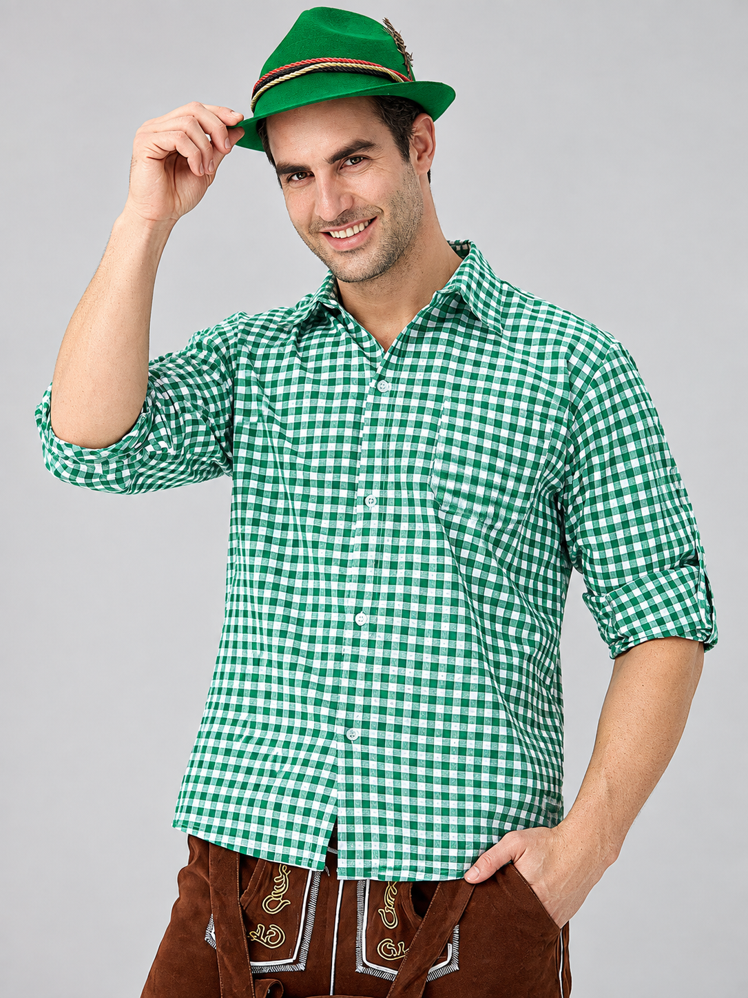 Green and White Plaid Shirt for Oktoberfest