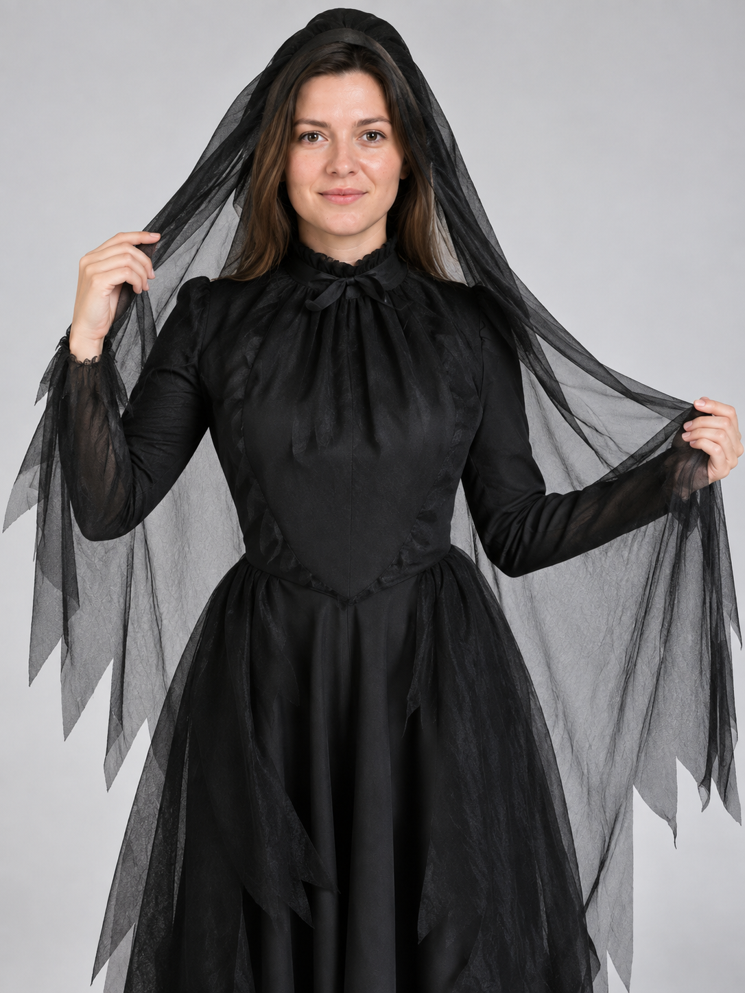 Black Witch Costume with Veil and Headpiece