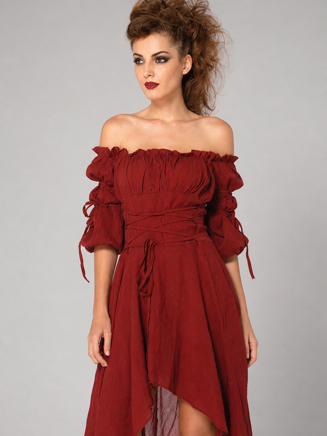 Dark Red Stage Dress with an Asymmetrical Hem Costume Dresses detail 3