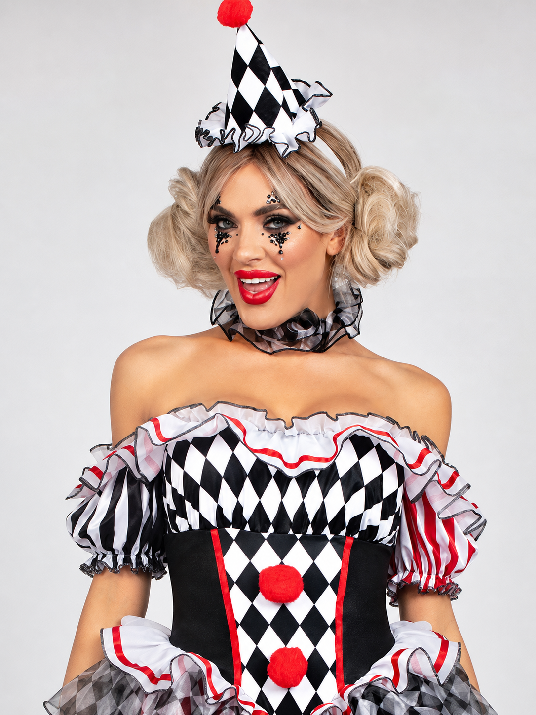 Clown Cosplay Costume with Ruffles and Pom-Poms