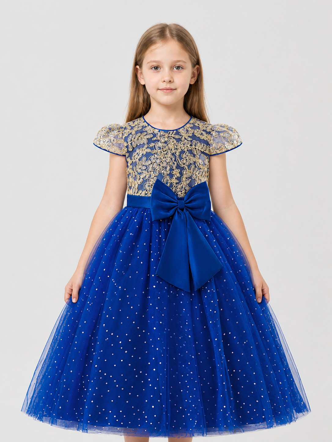 Festive Blue Princess Dress with Lace and Bow Costume Dresses detail 3
