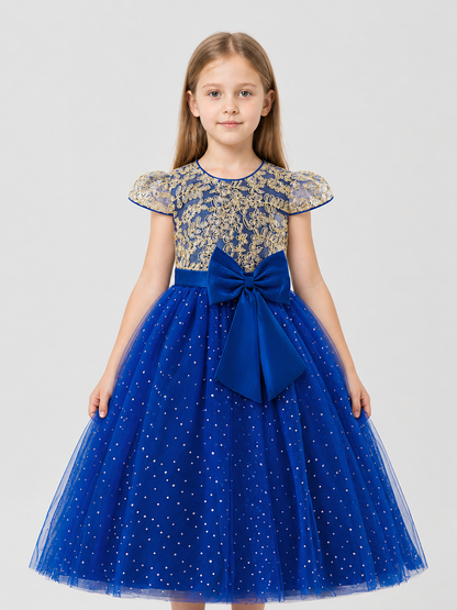 Festive Blue Princess Dress with Lace and Bow Costume Dresses detail 3