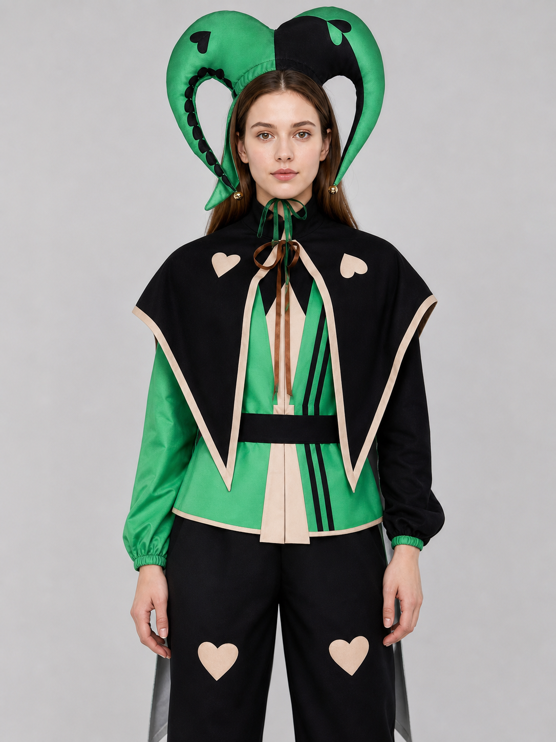 Theatrical jester-clown costume in a black-and-green style for cosplay. The set