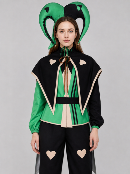Theatrical jester-clown costume in a black-and-green style for cosplay. The set