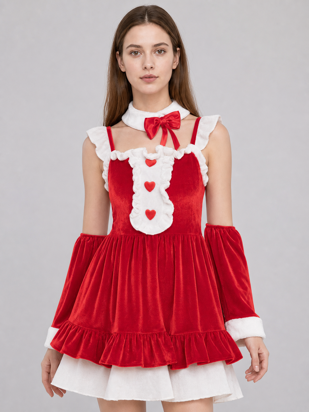 Christmas-Themed Dress with Bow and Ruffles