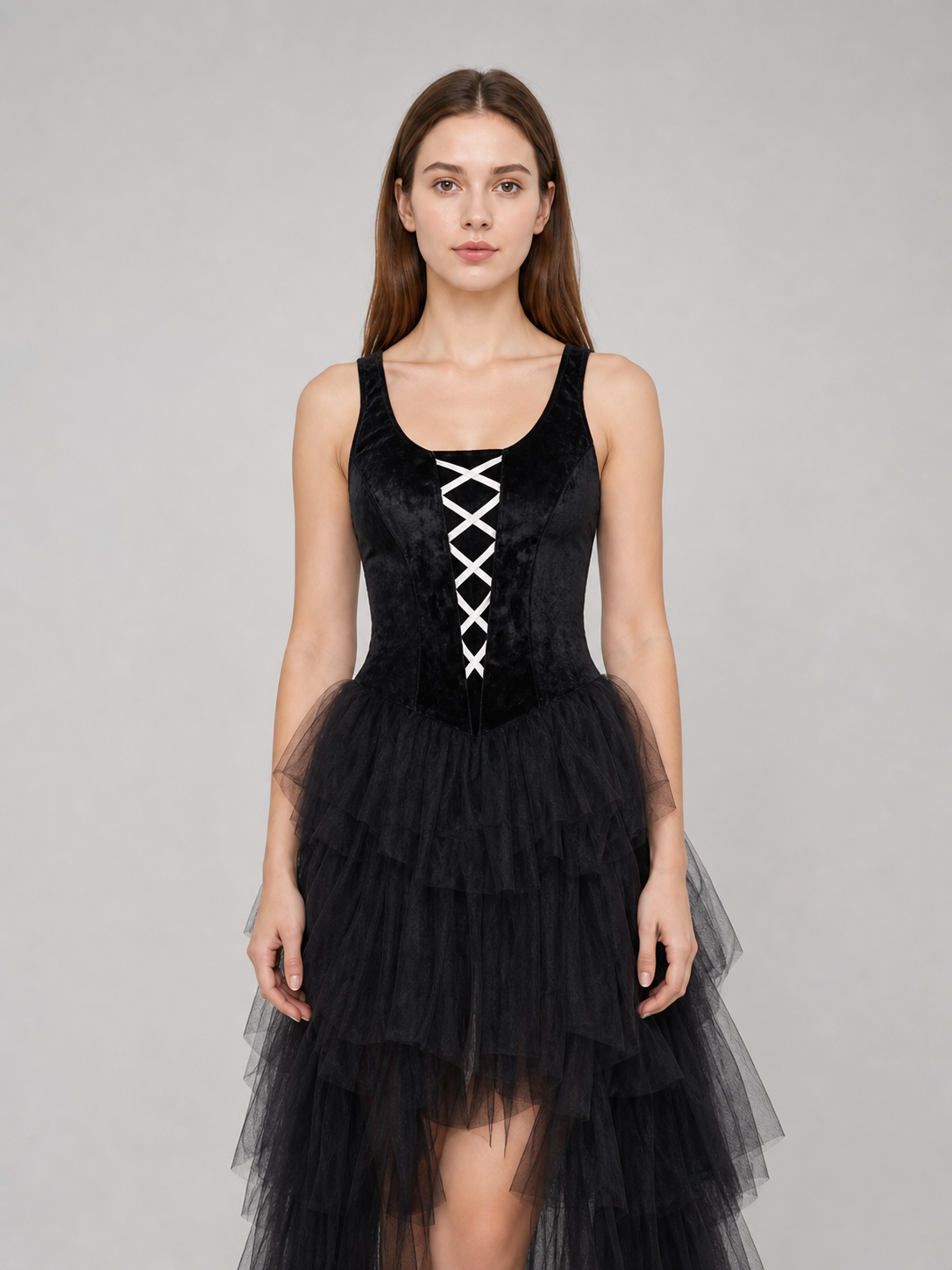 Halloween costume: black dress, hat, and gloves