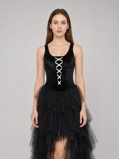 Halloween costume: black dress, hat, and gloves