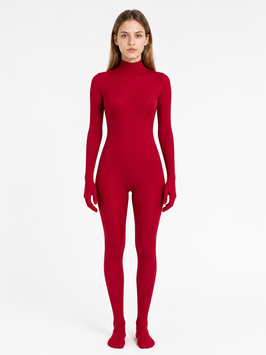 Red Hooded Open-Face Jumpsuit for Stage Performances