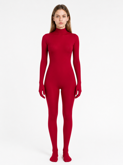 Red Hooded Open-Face Jumpsuit for Stage Performances