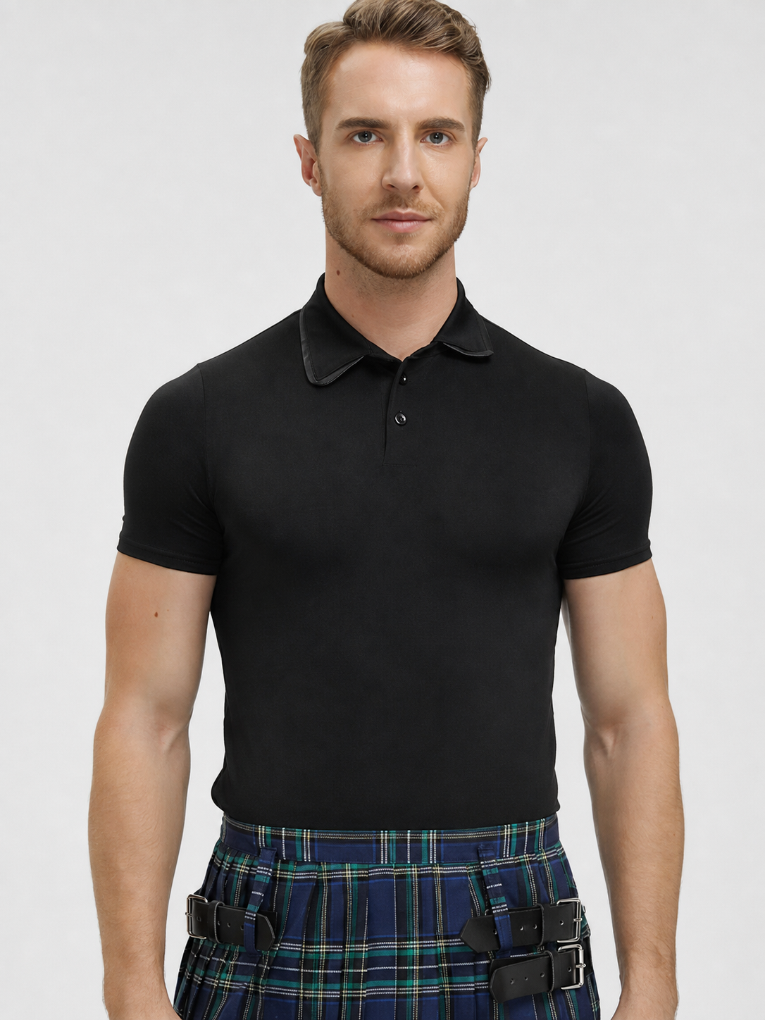 The plaid skirt is designed in a Scottish style and decorated with a crisscross pattern in blue and white, green, and black. Plaid runs across the entire surface of the garment, creating a distinctive, recognizable look. The skirt has a str