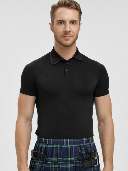 The plaid skirt is designed in a Scottish style and decorated with a crisscross pattern in blue and white, green, and black. Plaid runs across the entire surface of the garment, creating a distinctive, recognizable look. The skirt has a str