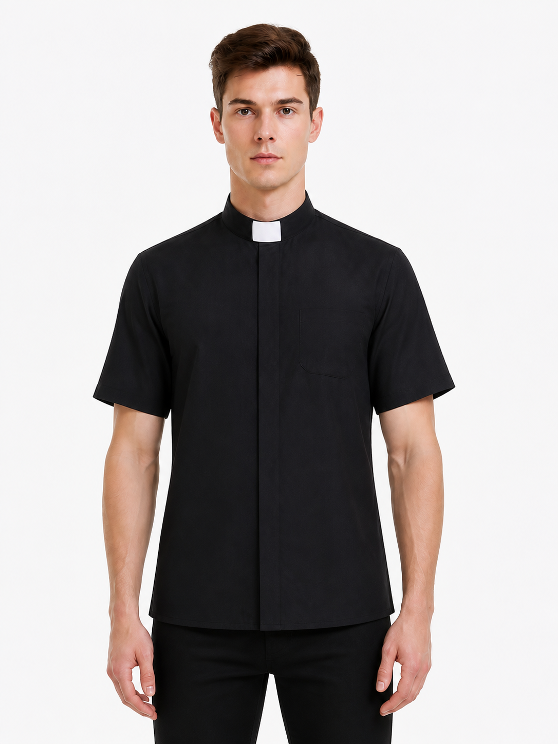 Black Short-Sleeve Shirt with Stand Collar product detail 3
