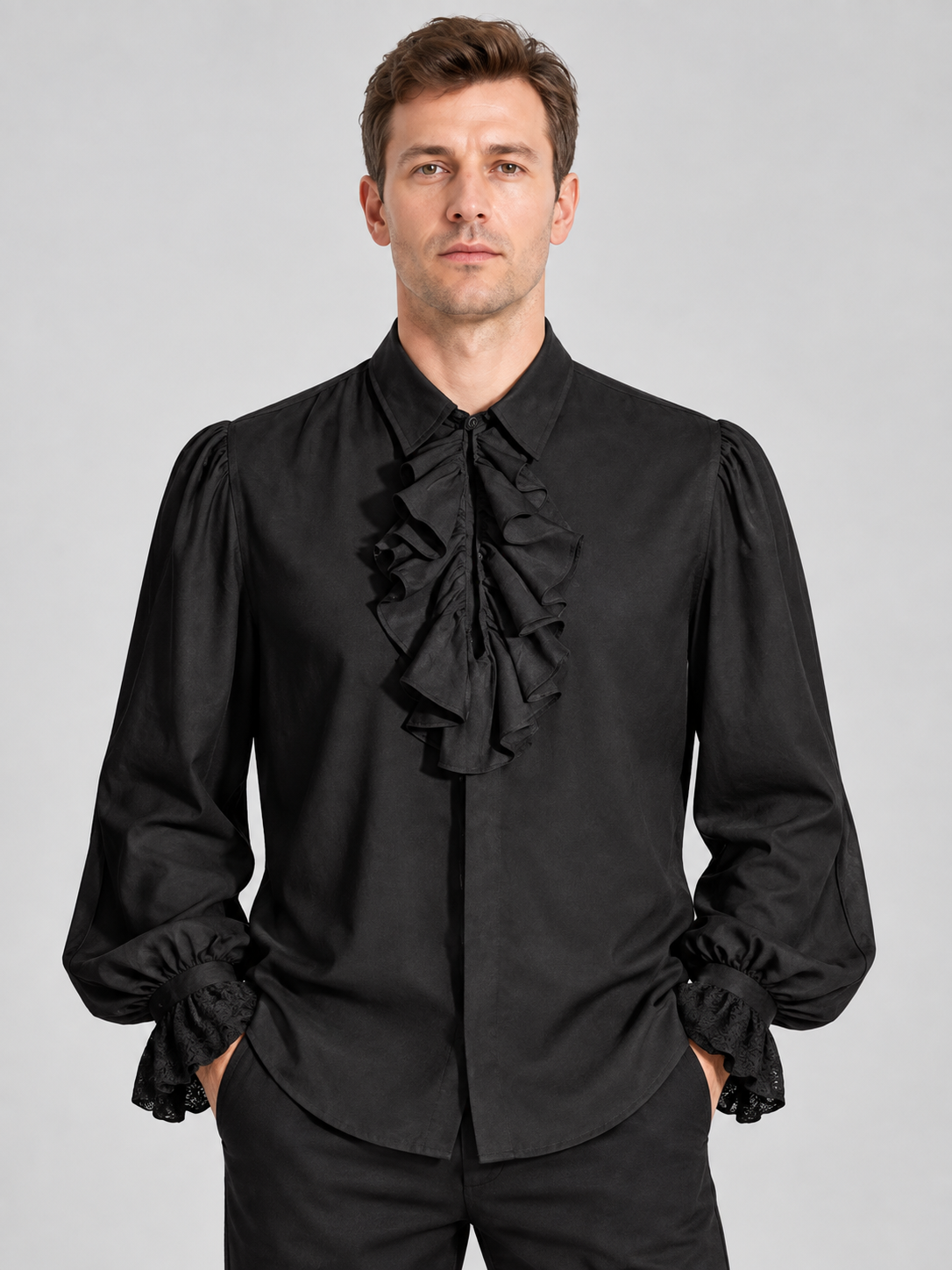 Black shirt with collar, jabot, and ruffled cuffs