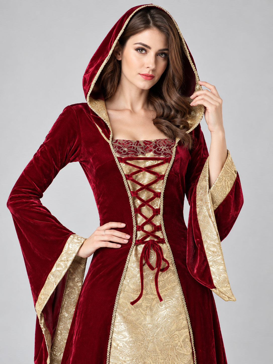 Medieval-Style Dress with Hood and Lacing