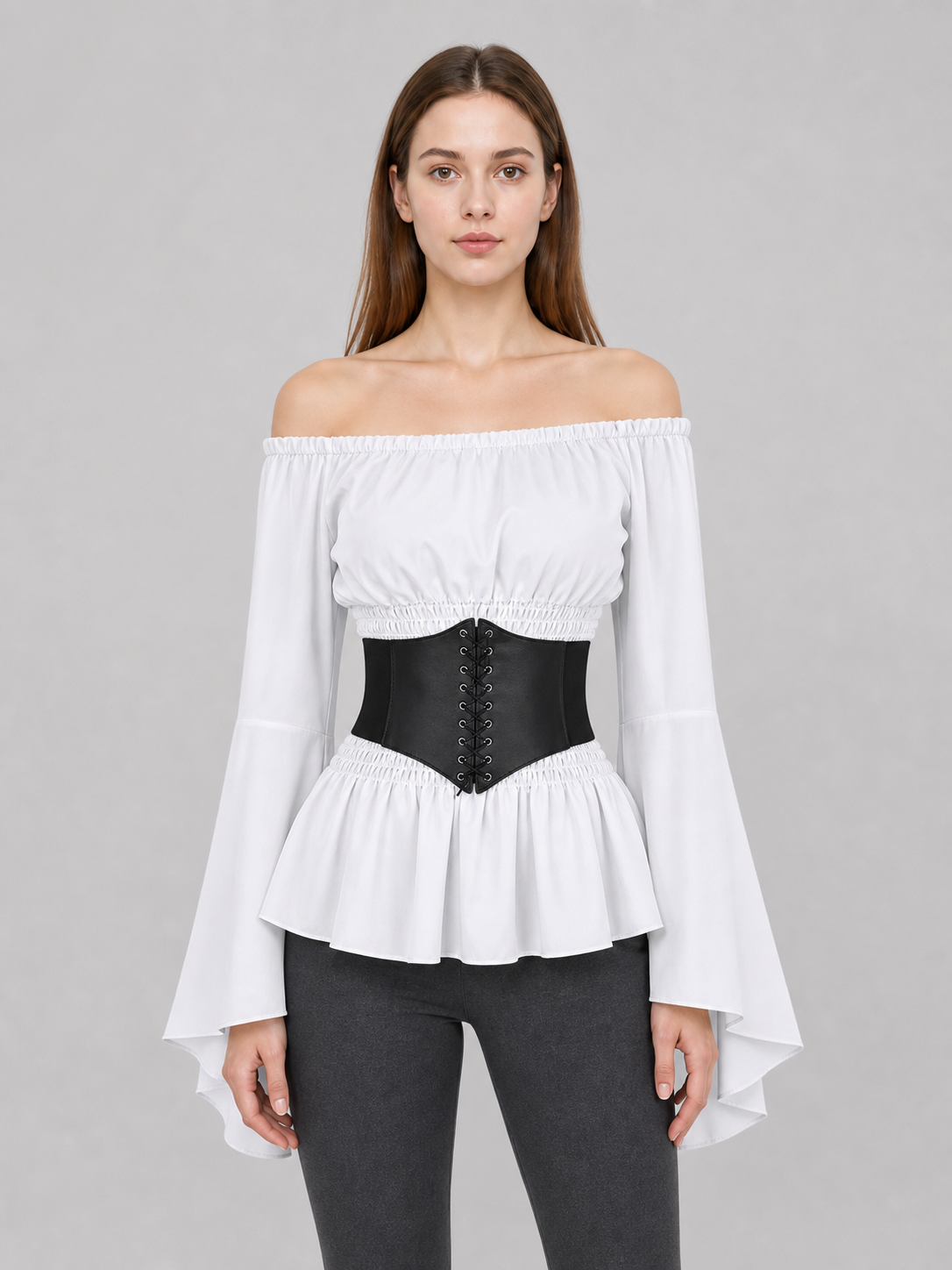Off-the-Shoulder Blouse with Belt, Vintage Style