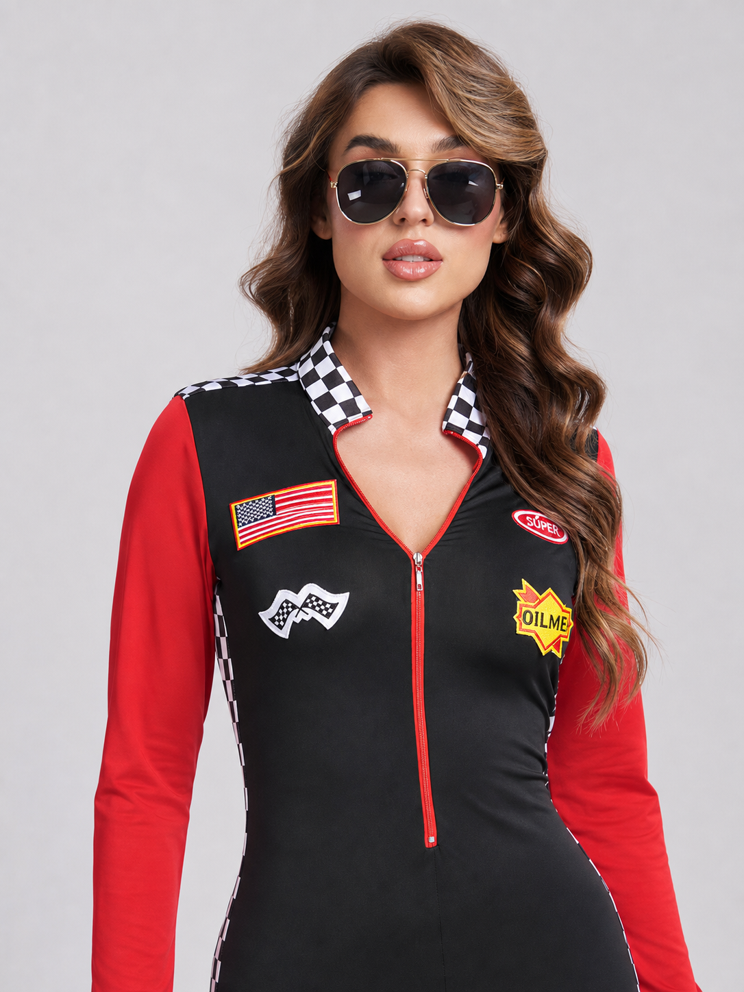 Racing-Style Zip-Up Jumpsuit, Red and Black