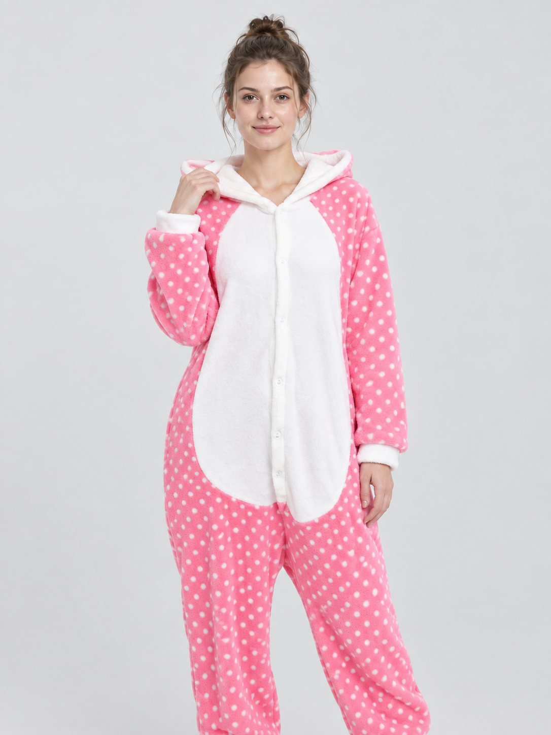 Pink Pajama Jumpsuit with White Polka Dots and Ears